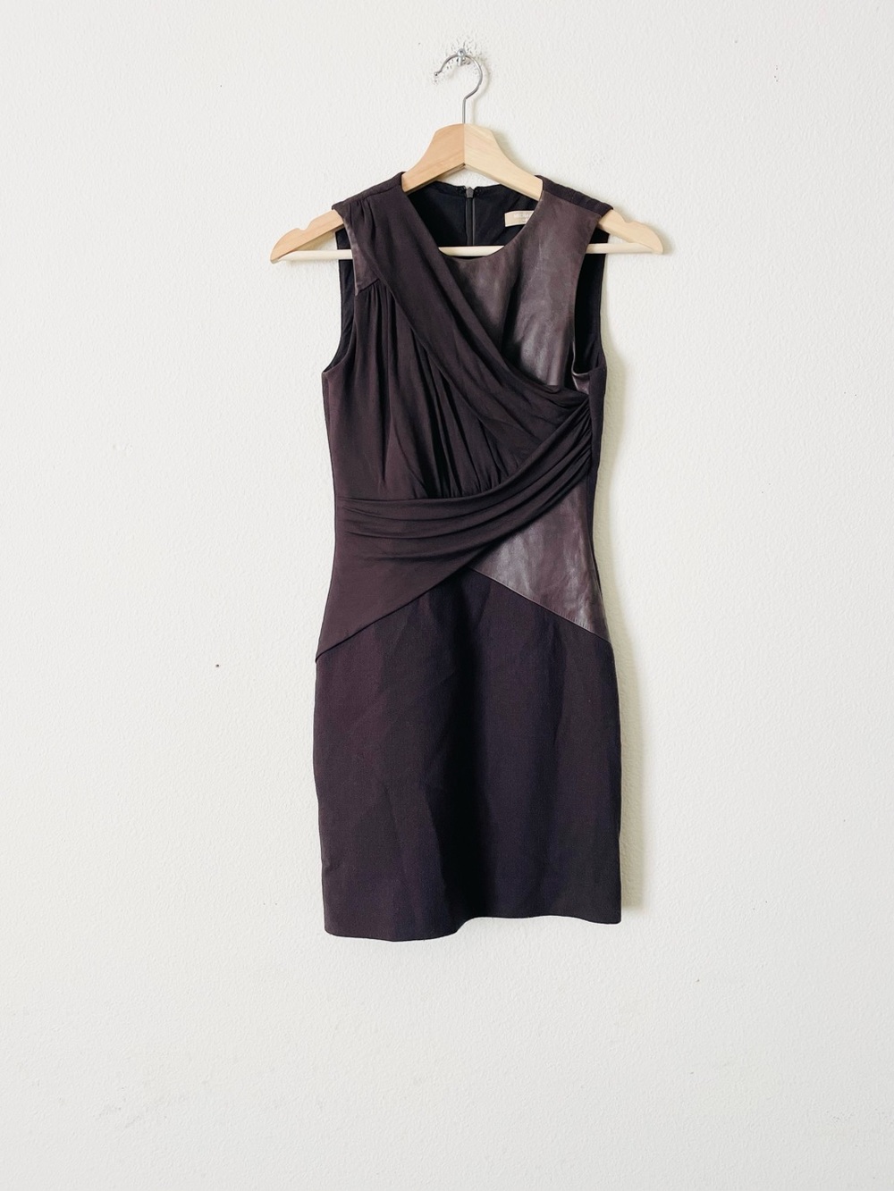 Michael Kors Collection SIZE 0 wool brown draped front leather detail mini dress